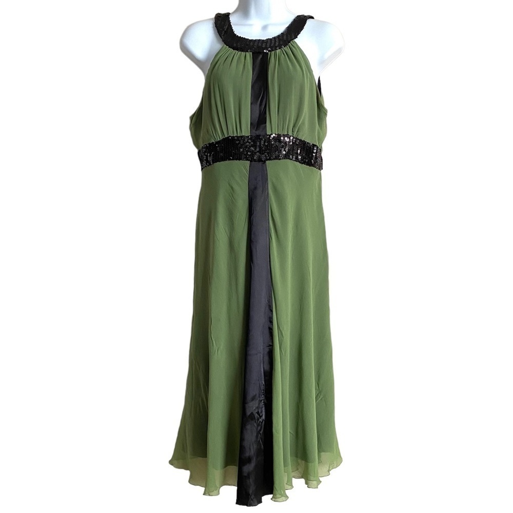 Green Silk Sleeveless Halter Dress Sz 8 Midi Maxi Cocktail Sequins Fairycore Y2K